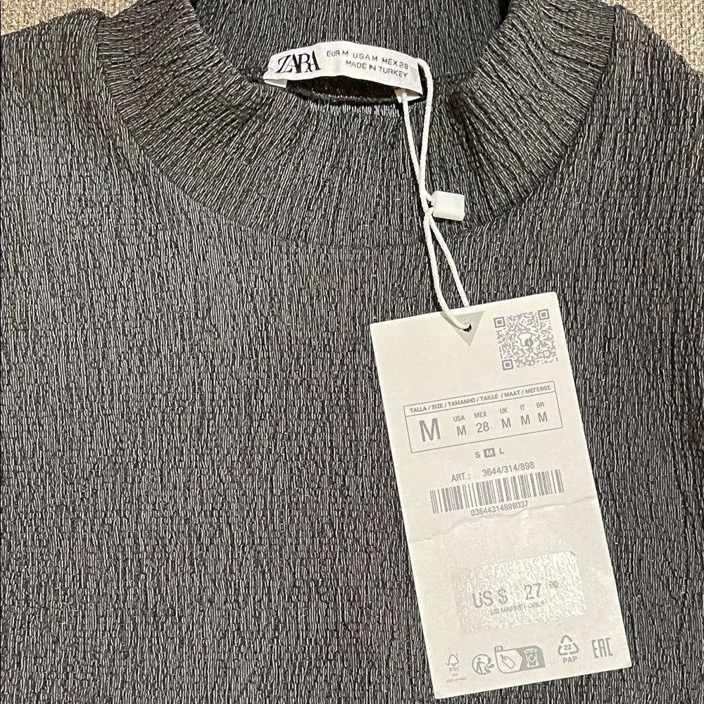 Zara Black Textured Mock Neck Short Sleeve Top - Picture 6 of 7